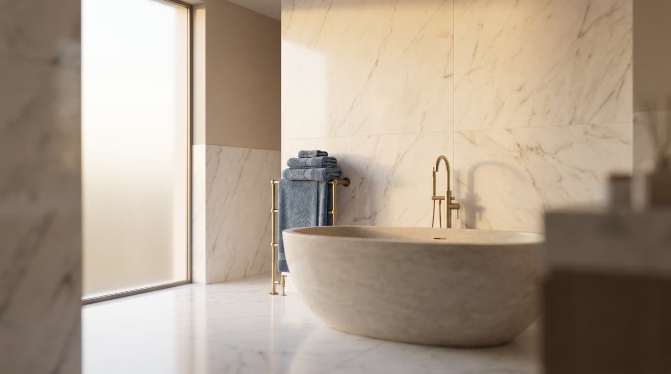 A quiet luxury bathroom in warm morning light